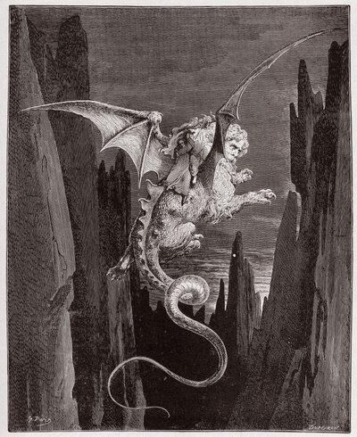 A Divina Comédia (La Divina Commedia, La Divina Comédia), Inferno, Canto 17: A descida ao abismo nas costas de Geryon - por Dante Alighieri (1265-1321) - Ilustração de Gustave Dore (1832-1883) de Gustave Dore