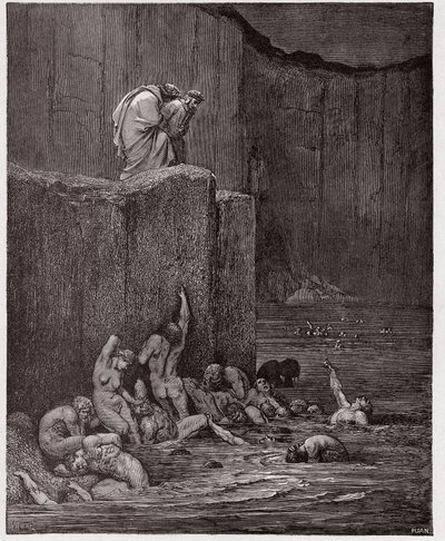 A Divina Comédia (La Divina Commedia, La Divina Comedie), Inferno, Canto 18: Parâmetros e achatadores no oitavo círculo - de Dante Alighieri (1265-1321) - Ilustração de Gustave Dore (1832-1883) de Gustave Dore
