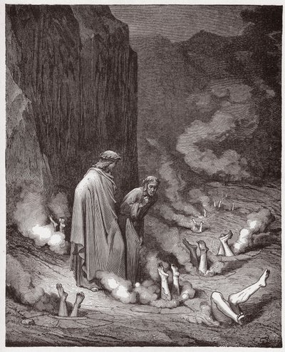 A Divina Comédia (La Divina Commedia, La Divina Comedie), Inferno, Canto 19: Dante repreende o Papa Nicolau III na quarta bolgia - por Dante Alighieri (1265-1321) - Ilustração de Gustave Dore (1832-1883) de Gustave Dore