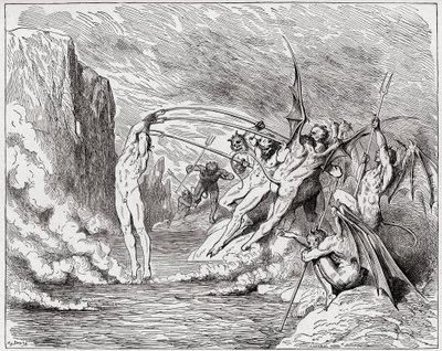 A Divina Comédia (La Divina Commedia, La Divina Comedie), Inferno, Canto 21: Demónios atormentam os barradores - de Dante Alighieri (1265-1321) - Ilustração de Gustave Dore (1832-1883) de Gustave Dore