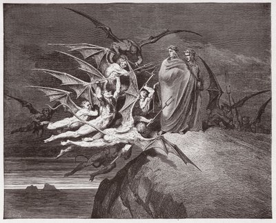 A Divina Comédia (La Divina Commedia, La Divina Comédia), Inferno, Canto 21: Os demónios ameaçam Virgílio - de Dante Alighieri (1265-1321) - Ilustração de Gustave Dore (1832-1883) de Gustave Dore