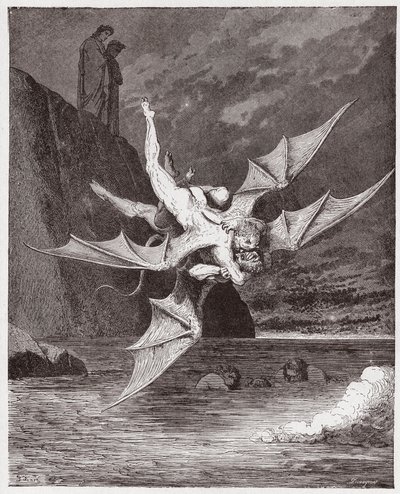 A Divina Comédia (La Divina Commedia, La Divina Comedie), Inferno, Canto 22: Alichino e Calcabrina lutam acima do tom - por Dante Alighieri (1265-1321) - Ilustração por Gustave Dore (1832-1883) de Gustave Dore