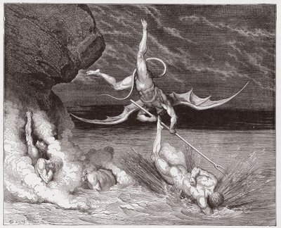 A Divina Comédia (La Divina Commedia, La Divina Comédia), Inferno, Canto 22: Ciampolo escapa ao demônio Alichino na quinta bolgia - por Dante Alighieri (1265-1321) - Ilustração de Gustave Dore (1832-1883) de Gustave Dore