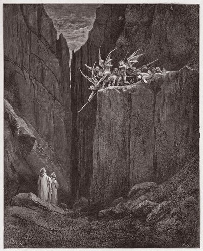 A Divina Comédia (La Divina Commedia, La Divina Comédia), Inferno, Canto 23: Os poetas escapam aos demônios da quinta bolgia - por Dante Alighieri (1265-1321) - Ilustração de Gustave Dore (1832-1883) de Gustave Dore