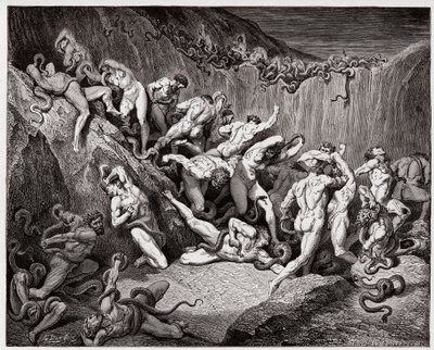 A Divina Comédia (La Divina Commedia, La Divina Comédia), Inferno, Canto 24: Os ladrões atormentados por serpentes - por Dante Alighieri (1265-1321) - Ilustração de Gustave Dore (1832-1883) de Gustave Dore