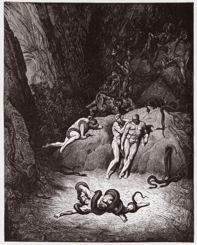 A Divina Comédia (La Divina Commedia, La Divina Comédia), Inferno, Canto 25: Agnello transformando-se em serpente - de Dante Alighieri (1265-1321) - Ilustração de Gustave Dore (1832-1883) de Gustave Dore