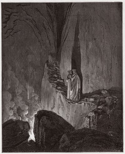 A Divina Comédia (La Divina Commedia, La Divina Comediante), Inferno, Canto 26: Os espíritos flamejantes dos Ulisses e Diomedes - por Dante Alighieri (1265-1321) - Ilustração de Gustave Dore (1832-1883) de Gustave Dore