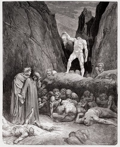 A Divina Comédia (La Divina Commedia, La Divina Comédia), Inferno, Canto 28: A cabeça cortada de Bertrand de Born fala com Dante - por Dante Alighieri (1265-1321) - Ilustração de Gustave Dore (1832-1883) de Gustave Dore