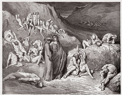 A Divina Comédia (La Divina Commedia, La Divina Comédia), Inferno, Canto 29: Os falsificadores e falsificadores atormentados com prurido - por Dante Alighieri (1265-1321) - Ilustração de Gustave Dore (1832-1883) de Gustave Dore