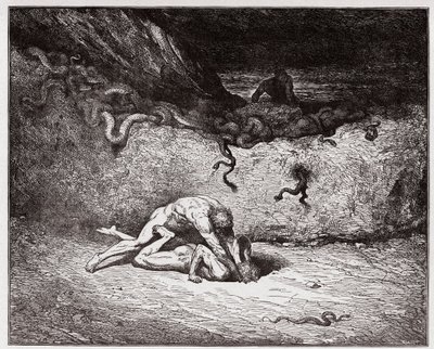 A Divina Comédia (La Divina Commedia, La Divina Comédia), Inferno, Canto 30: O tormento dos falsificadores na nona bolgia (Gianni Schicchi) - por Dante Alighieri (1265-1321) - Ilustração de Gustave Dore (1832-1883) de Gustave Dore