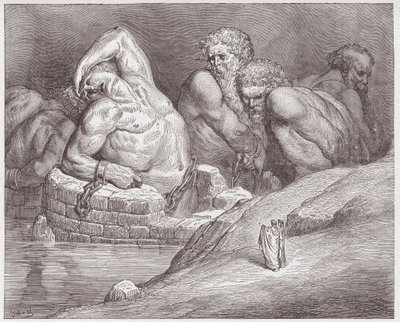 A Divina Comédia (La Divina Commedia, La Divina Comedie), Inferno, Canto 31: Ephialtes em algemas entre os gigantes - por Dante Alighieri (1265-1321) - Ilustração por Gustave Dore (1832-1883) de Gustave Dore