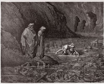 A Divina Comédia (La Divina Commedia, La Divina Comedie), Inferno, Canto 32: Ugolino roe a cabeça do Arcebispo Ruggieri - por Dante Alighieri (1265-1321) - Ilustração de Gustave Dore (1832-1883) de Gustave Dore