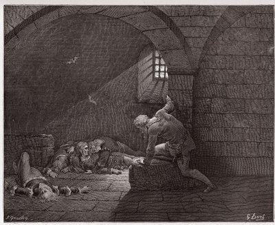 A Divina Comédia (La Divina Commedia, La Divina Comediante), Inferno, Canto 33: Ugolino na cela com seus quatro filhos mortos - por Dante Alighieri (1265-1321) - Ilustração de Gustave Dore (1832-1883) de Gustave Dore