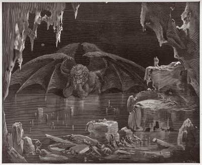 A Divina Comédia (La Divina Commedia, La Divina Comediante), Inferno, Canto 34: Lúcifer, rei do Inferno, congelado no gelo - por Dante Alighieri (1265-1321) - Ilustração de Gustave Dore (1832-1883) de Gustave Dore