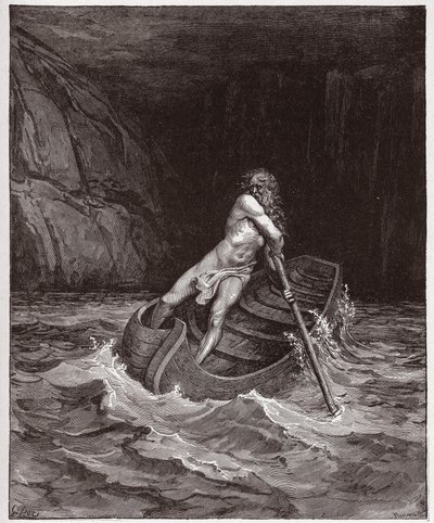 A Divina Comédia (La Divina Commedia, La Divina Comedie), Inferno, Canto 3: Charon (Caron) no Rio Acheron - de Dante Alighieri (1265-1321) - Ilustração de Gustave Dore (1832-1883) de Gustave Dore