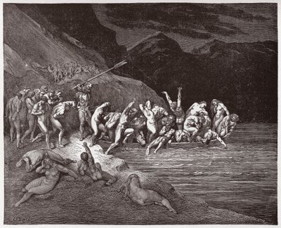 A Divina Comédia (La Divina Commedia, La Divina Comédia), Inferno, Canto 3: As almas condenadas embarcando para atravessar o Acheron - por Dante Alighieri (1265-1321) - Ilustração por Gustave Dore (1832-1883) de Gustave Dore