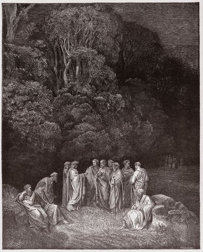 A Divina Comédia (La Divina Commedia, La Divina Comédia), Inferno, Canto 4: Homero, os poetas e heróis no Limbo - de Dante Alighieri (1265-1321) - Ilustração de Gustave Dore (1832-1883) de Gustave Dore