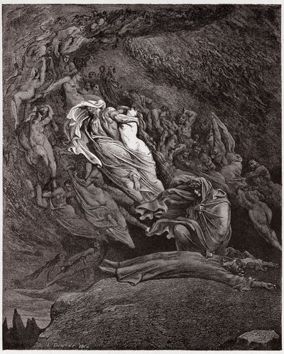 A Divina Comédia (La Divina Commedia, La Divina Comédia), Inferno, Canto 5: Francesca descreve sua morte - por Dante Alighieri (1265-1321) - Ilustração de Gustave Dore (1832-1883) de Gustave Dore