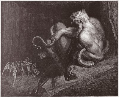 A Divina Comédia (La Divina Commedia, La Divina Comédia), Inferno, Canto 5: Minos julga as transgressões e despacha as almas - por Dante Alighieri (1265-1321) - Ilustração de Gustave Dore (1832-1883) de Gustave Dore