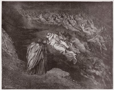 A Divina Comédia (La Divina Commedia, La Divina Comédia), Inferno, Canto 5: A alma de Francesca fala a Dante - por Dante Alighieri (1265-1321) - Ilustração de Gustave Dore (1832-1883) de Gustave Dore