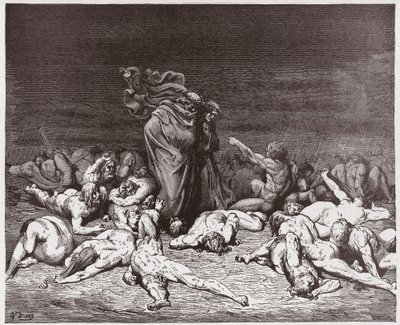 A Divina Comédia (La Divina Commedia, La Divina Comédia), Inferno, Canto 6: Os glutões espancados pela chuva eterna - por Dante Alighieri (1265-1321) - Ilustração de Gustave Dore (1832-1883) de Gustave Dore