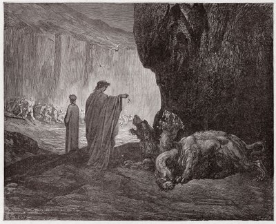 A Divina Comédia (La Divina Commedia, La Divina Comédia), Inferno, Canto 6: Virgílio alimenta Cerberus no terceiro círculo - por Dante Alighieri (1265-1321) - Ilustração de Gustave Dore (1832-1883) de Gustave Dore
