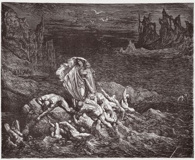 A Divina Comédia (La Divina Commedia, La Divina Comédia), Inferno, Canto 7: Virgílio mostra a Dante as almas dos irados no Estige - por Dante Alighieri (1265-1321) - Ilustração de Gustave Dore (1832-1883) de Gustave Dore