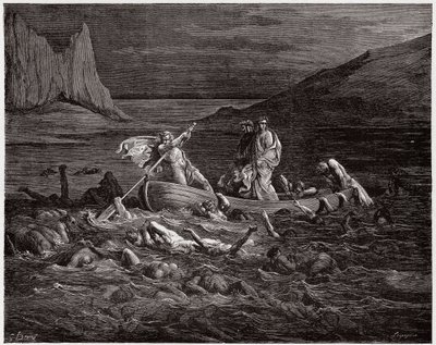 A Divina Comédia (La Divina Commedia, La Divina Comedie), Inferno, Canto 8: Phlegyas ferries Dante e Virgil através do Styx - por Dante Alighieri (1265-1321) - Ilustração por Gustave Dore (1832-1883) de Gustave Dore