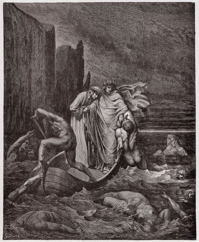 A Divina Comédia (La Divina Commedia, La Divina Comédia), Inferno, Canto 8: A alma do florentino Philippo Argenti acostuma os poetas no Estige - de Dante Alighieri (1265-1321) - Ilustração de Gustave Dore (1832-1883) de Gustave Dore