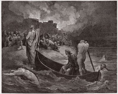 A Divina Comédia (La Divina Commedia, La Divina Comédia), Inferno, Canto 8: Virgil e Dante desembarcam na cidadela de Dis - por Dante Alighieri (1265-1321) - Ilustração de Gustave Dore (1832-1883) de Gustave Dore