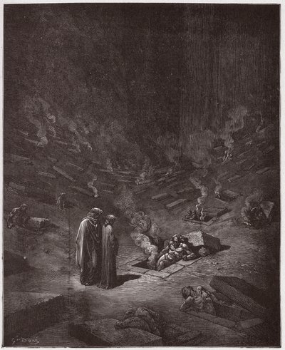 A Divina Comédia (La Divina Commedia, La Divina Comédia), Inferno, Canto 9: Os sepulcros ardentes dos heresias - por Dante Alighieri (1265-1321) - Ilustração de Gustave Dore (1832-1883) de Gustave Dore