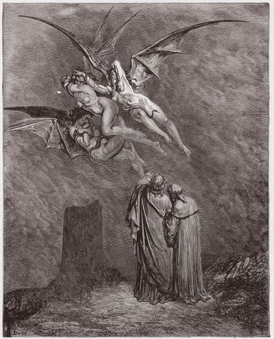 A Divina Comédia (La Divina Commedia, La Divina Comediante), Inferno, Canto 9: O horrível Erinyes: Megaera, Tisfone, Alecto - de Dante Alighieri (1265-1321) - Ilustração de Gustave Dore (1832-1883) de Gustave Dore