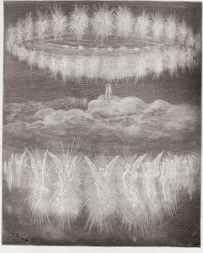 A Divina Comédia (La Divina Commedia, La Divina Comédia), Paradiso, Canto 12: Os anéis das almas glorificadas ao sol - de Dante Alighieri (1265-1321) - Ilustração de Gustave Dore (1832-1883) de Gustave Dore