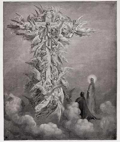 A Divina Comédia (La Divina Commedia, La Divina Comédia), Paradiso, Canto 14: Dante e Beatriz vêem os anjos com Cristo na cruz - por Dante Alighieri (1265-1321) - Ilustração de Gustave Dore (1832-1883) de Gustave Dore