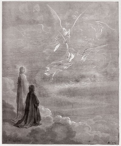 A Divina Comédia (La Divina Commedia, La Divina Comédia), Paradiso, Canto 18: Dante e Beatrice traduzidos para a esfera de Júpiter - por Dante Alighieri (1265-1321) - Ilustração de Gustave Dore (1832-1883) de Gustave Dore