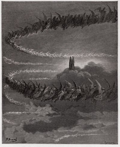 A Divina Comédia (La Divina Commedia, La Divina Comédia), Paradiso, Canto 18: Na esfera de Júpiter, as almas abençoadas formam um círculo para formar letras - por Dante Alighieri (1265-1321) - Ilustração por Gustave Dore (1832-1883) de Gustave Dore