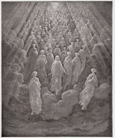 A Divina Comédia (La Divina Commedia, La Divina Comedie), Paradiso, Canto 5: O hospedeiro de miríades de almas brilhantes no segundo reino - por Dante Alighieri (1265-1321) - Ilustração por Gustave Dore (1832-1883) de Gustave Dore