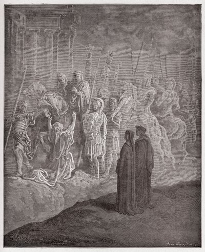 A Divina Comédia (La Divina Commedia, La Divina Comédia), Purgatorio, Canto 10: As esculturas de mármore retratando o orgulho - por Dante Alighieri (1265-1321) - Ilustração por Gustave Dore (1832-1883) de Gustave Dore
