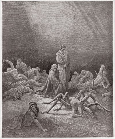 A Divina Comédia (La Divina Commedia, La Divina Comédia), Purgatorio, Canto 12: Dante vê a alma de Arachne - por Dante Alighieri (1265-1321) - Ilustração de Gustave Dore (1832-1883) de Gustave Dore