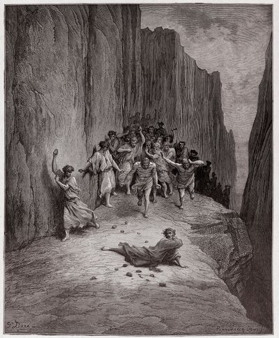 A Divina Comédia (La Divina Commedia, La Divina Comedie), Purgatorio, Canto 15: A visão de Dante sobre o apedrejamento de Estevão - por Dante Alighieri (1265-1321) - Ilustração de Gustave Dore (1832-1883) de Gustave Dore