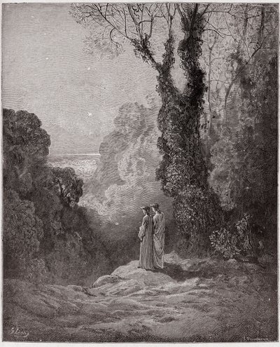 A Divina Comédia (La Divina Commedia, La Divina Comédia), Purgatorio, Canto 1: Os poetas contemplam a beleza de Vénus no céu da manhã - por Dante Alighieri (1265-1321) - Ilustração de Gustave Dore (1832-1883) de Gustave Dore