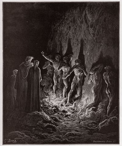A Divina Comédia (La Divina Commedia, La Divina Comédia), Purgatorio, Canto 25: A luxuriosa passagem pelo fogo no sétimo círculo - por Dante Alighieri (1265-1321) - Ilustração de Gustave Dore (1832-1883) de Gustave Dore
