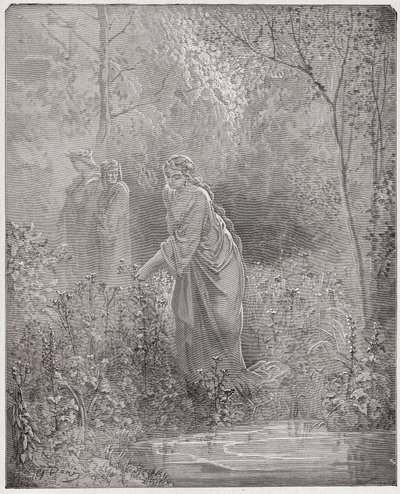 A Divina Comédia (La Divina Commedia, La Divina Comédia), Purgatorio, Canto 27: o sonho de Dant de Leah no prado - por Dante Alighieri (1265-1321) - Ilustração de Gustave Dore (1832-1883) de Gustave Dore