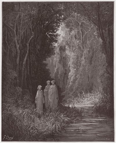 A Divina Comédia (La Divina Commedia, La Divina Comédia), Purgatorio, Canto 28: Dante, Virgil e Statius na antiga floresta do paraíso terrestre - por Dante Alighieri (1265-1321) - Ilustração de Gustave Dore (1832-1883) de Gustave Dore