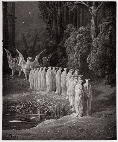 A Divina Comédia (La Divina Commedia, La Divina Comédia), Purgatorio, Canto 29: Os 24 anciãos na procissão apocalíptica - por Dante Alighieri (1265-1321) - Ilustração de Gustave Dore (1832-1883) de Gustave Dore