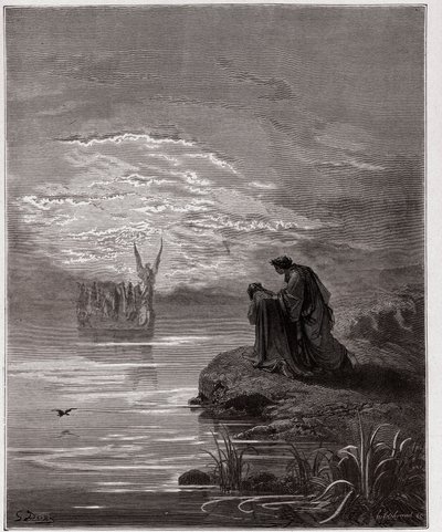 A Divina Comédia (La Divina Commedia, La Divina Comédia), Purgatorio, Canto 2: Dante se curva diante do anjo piloto - por Dante Alighieri (1265-1321) - Ilustração por Gustave Dore (1832-1883) de Gustave Dore