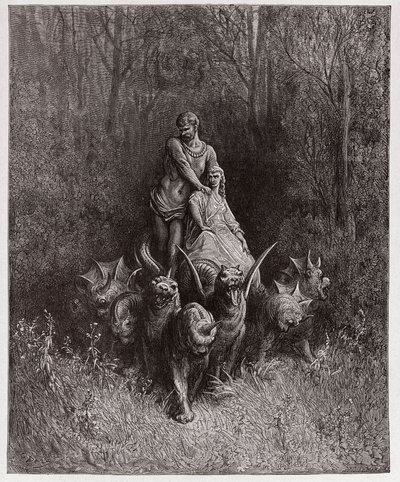 A Divina Comédia (La Divina Commedia, La Divina Comédia), Purgatorio, Canto 32: O gigante e a prostituta na carruagem - por Dante Alighieri (1265-1321) - Ilustração de Gustave Dore (1832-1883) de Gustave Dore