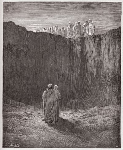 A Divina Comédia (La Divina Commedia, La Divina Comédia), Purgatorio, Canto 3: A companhia das almas no precipício - por Dante Alighieri (1265-1321) - Ilustração por Gustave Dore (1832-1883) de Gustave Dore