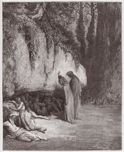 A Divina Comédia (La Divina Commedia, La Divina Comédia), Purgatorio, Canto 4: As almas indolentes ao lado da rocha - por Dante Alighieri (1265-1321) - Ilustração de Gustave Dore (1832-1883) de Gustave Dore