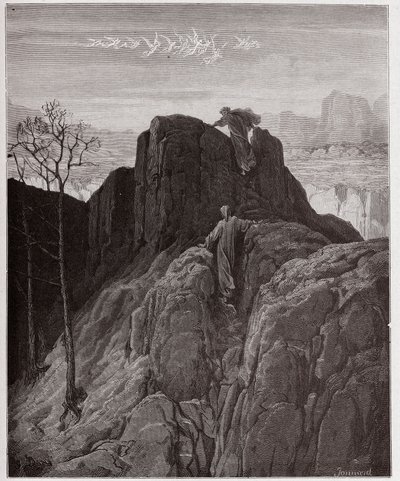 A Divina Comédia (La Divina Commedia, La Divina Comedie), Purgatorio, Canto 4: Virgil lidera Dante na escarpada montanha - por Dante Alighieri (1265-1321) - Ilustração de Gustave Dore (1832-1883) de Gustave Dore